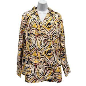 Ashley Stewart Button Up Blouse Retro Swirl Print Cotton Stretch Career Size 18